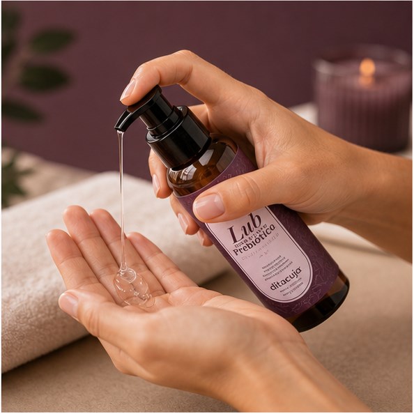 Mãos aplicando gel lubrificante prebiótico